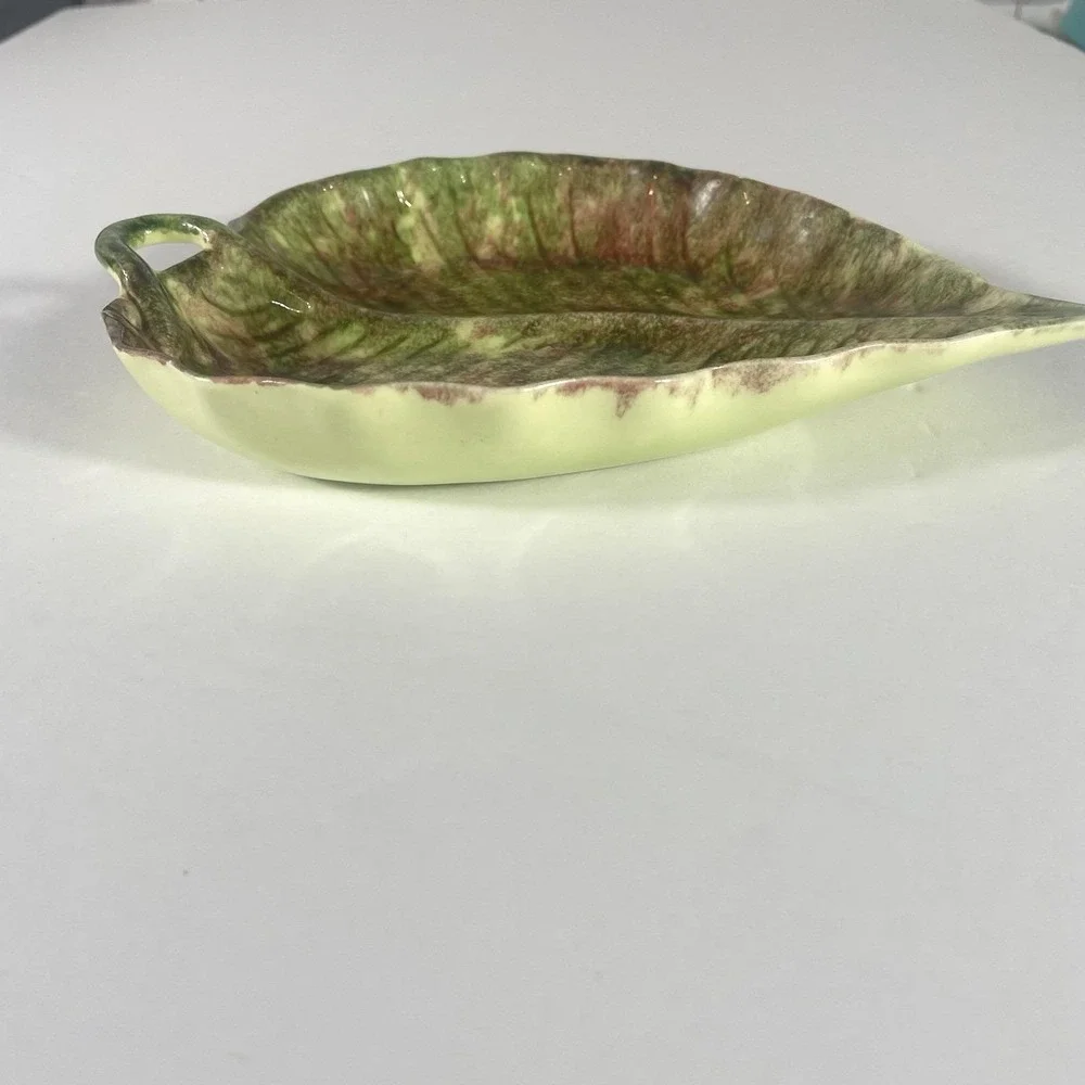 Vintage Jamieson's‎ California Pottery Leaf Dish Green Burgundy Glazed Ceramic